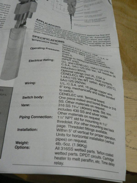 DWYER V4-SS SERIES V4 FLOTEC T VANE OPERATED FLOW SWITC