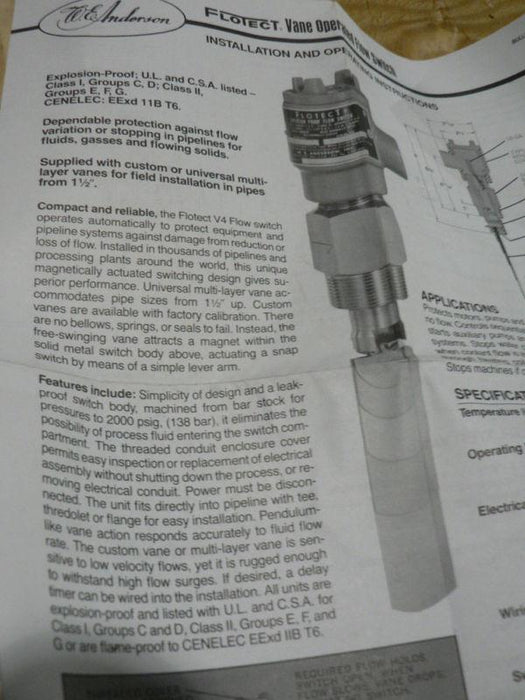 DWYER V4-SS SERIES V4 FLOTEC T VANE OPERATED FLOW SWITC