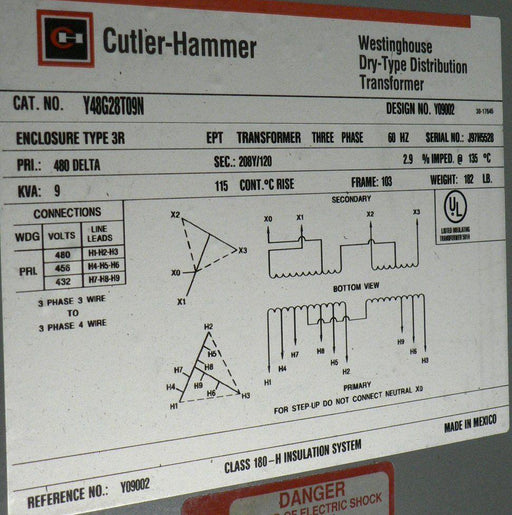 NEW CUTLER HAMMER TRANSFORMER 9KVA Y48G28T009N TYPE 3R 9T2F