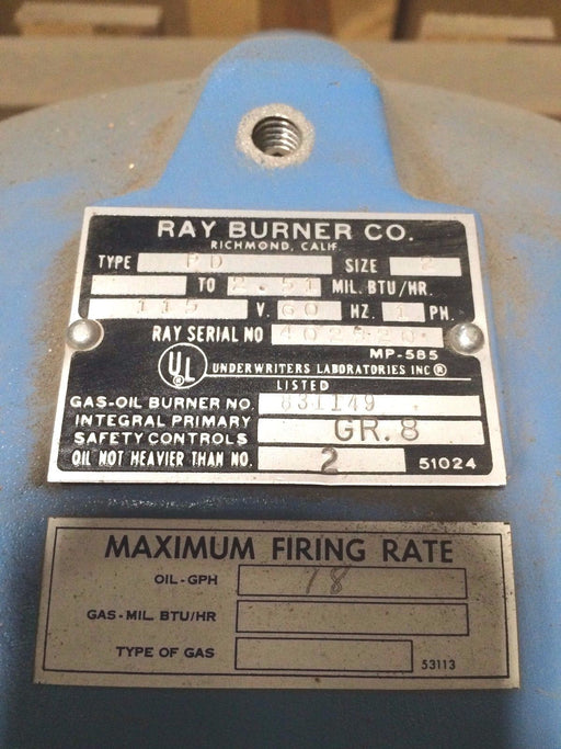 RAY BURNER , OIL BURNER P/N 2PD TYPE PD SIZE 2 , 115V, 1PH OIL BURNER 831149