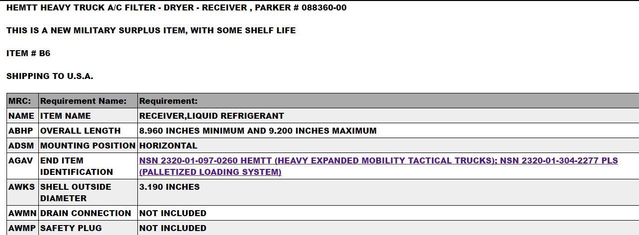 HEMTT HEAVY TRUCK A/C FILTER - DRYER - RECEIVER , 088360-00 PARKER (5 one purchase)