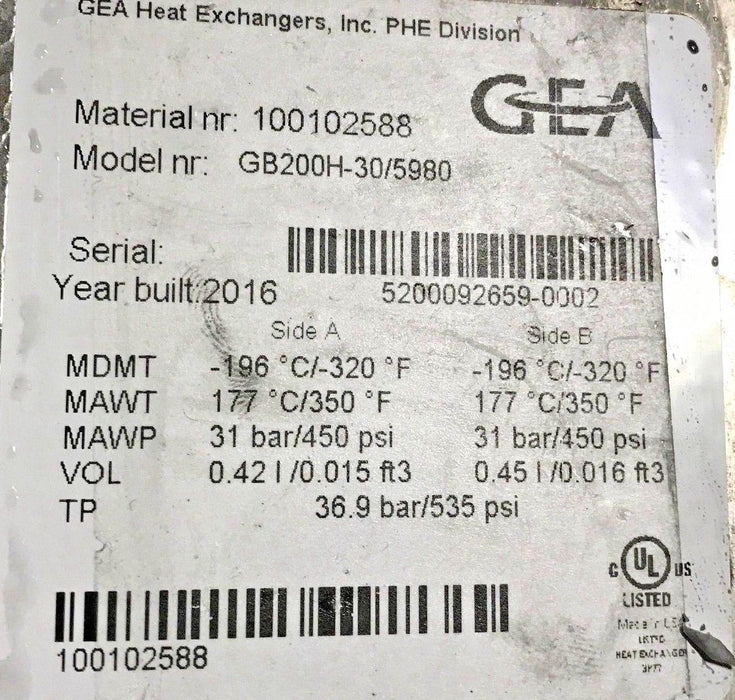 GEA HEAT EXCHANGER MODEL GB200H-30/5980