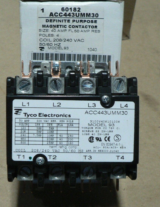 TYCO ACC443UMM30 MODEL 93 MAGNETIC CONTACTOR  208-240 480V CONTINUOUS 15HP