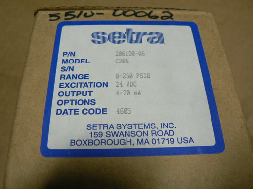 SETRA 206120-06-C  20612006C PRESSURE TRANSMITTER 24VDC 4-20MA 0-250PSIG C206