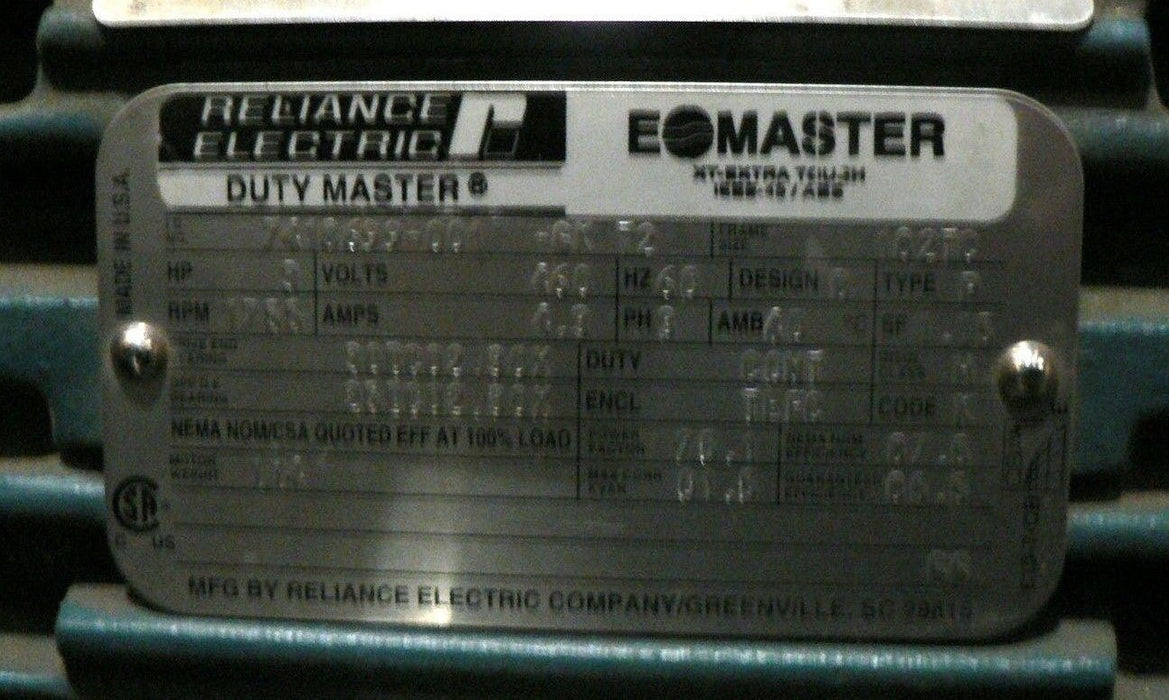 RELIANCE XT EOMASTER FRAME 182TC 3HP 1755 RPM ID# 7418699-001-6K T2