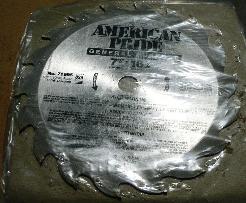AMERICAN PRIDE 7-1/4 X 18T No 71995 13/16 DIAMOND 5/8 ARBOR CIRCULAR SAW BLADE