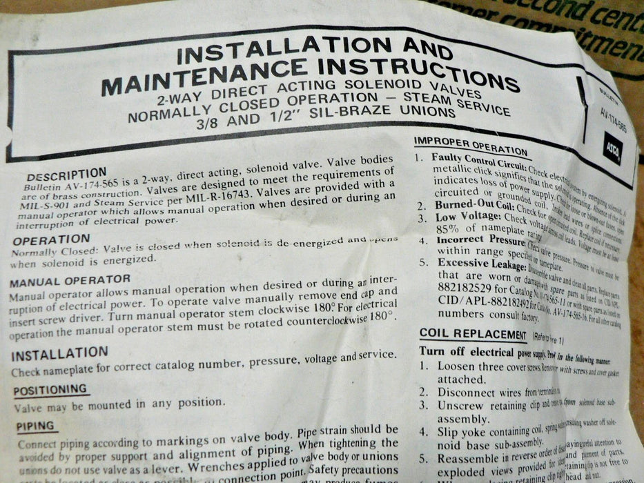 ASCO SOLENOID VALVE AV-174-565 AV-174-565-15A