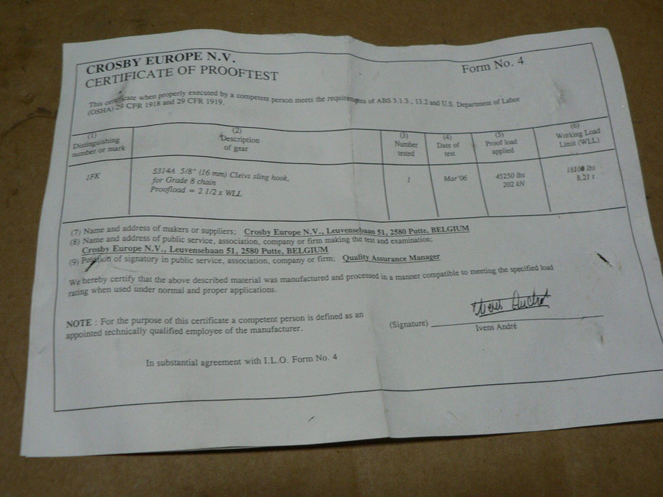 CROSBY HOIST HOOK 16-8 S314A 18100# 8.21T WORKING LOAD FOR GRADE 8 CHAIN 5/8