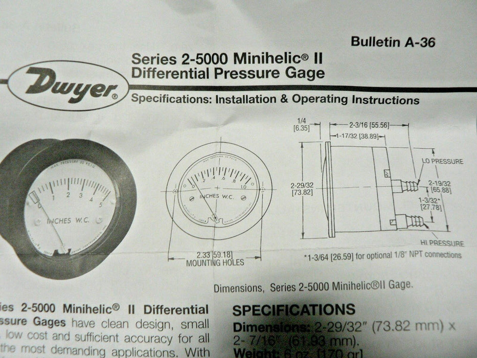 Dwyer 2-5001-NPT Differential Pressure Gauge, 0-1.0  SERIES 2-5000 MINIHELIC II