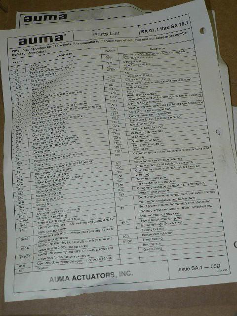 AUMA SA7-5 ACTUATOR SO: 9511189 ENCL: 4X/6 45# TORQUE OUTPUT RPM: 54