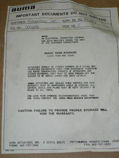 AUMA SA7-5 ACTUATOR SO: 9511189 ENCL: 4X/6 45# TORQUE OUTPUT RPM: 54