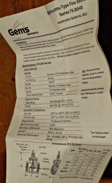PENTAIR FILTRATION GEMS SERIES FS-200/400 FLOW SENSOR 3001-07 67742