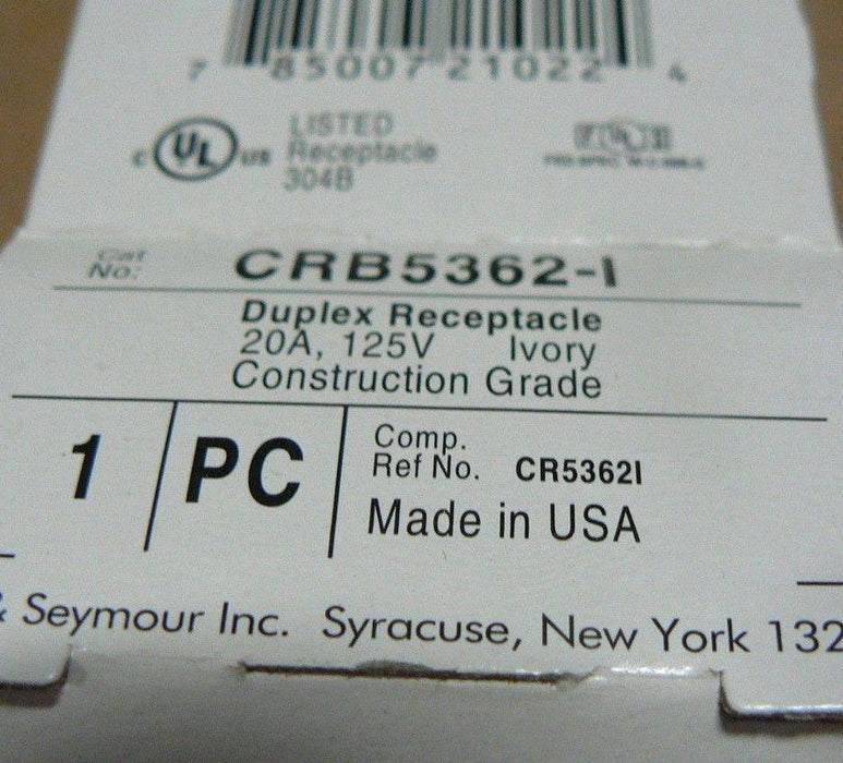 Pass & Seymour CRB5362-1 (box of 10) Duplex Ivory Receptacles 20A 125V CR53621